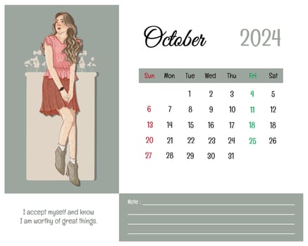 Printable Calendar October 2024 with Girl Illustration and Affirmations for Self vector