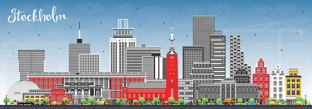Stockholm Sweden city skyline with color buildings and blue sky. Stockholm cityscape with landmarks. Business travel and tourism concept with modern and historic architecture. vector