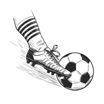 Soccer player kicking ball. Football, footballer's leg, sports cleats, ball kick. Vector illustration isolated on white background. Soccer ball. Sport icon. vintage engraving sketch