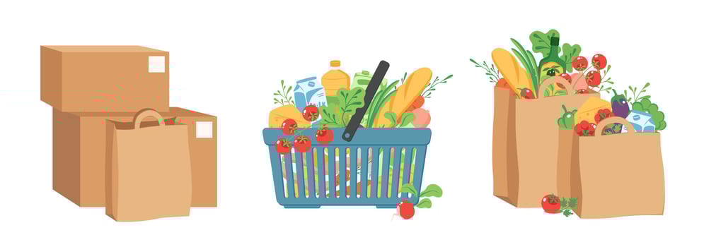 Grocery purchases set, paper  bags with products, food basket, carton boxes. Vector Illustration
