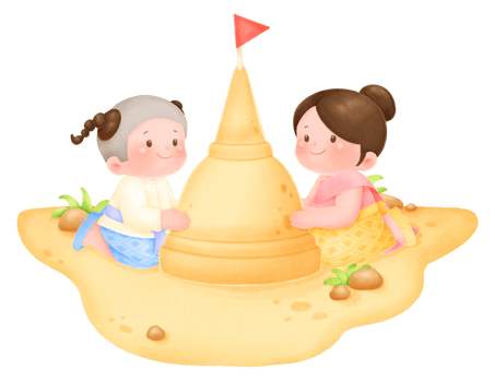 Girl and boy building sand pagoda in songkran day png