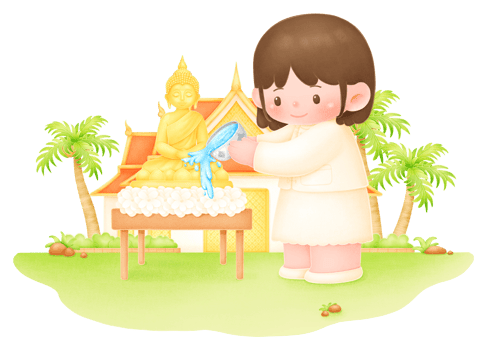 Girl sprinkle water onto a Buddha Statue png
