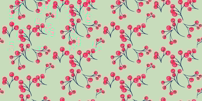 Tiny abstract branches with shape stylized red berries motifs scattered randomly seamless pattern. Simple green background with creative botanical polka dots, drops, spots. Vector hand drawn sketch.