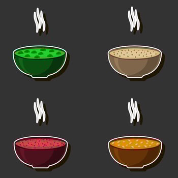 Illustration on theme big set various types beautiful tasty edible hot homemade soups vector