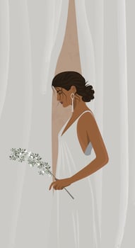 Vector illustration of a portrait of a beautiful tanned girl woman bride in a white model dress posing with a flower in her hands