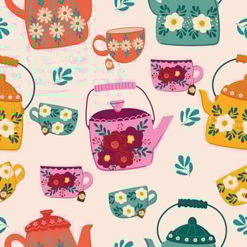 cute vintage flowers teapots and cups hand drawn seamless pattern vector for decorate invitation greeting birthday party celebration wedding card poster banner textile wallpaper paper wrap background