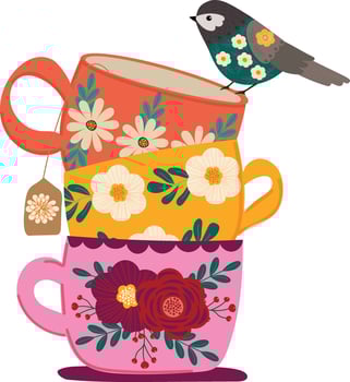 bird on stack of vintage flowers tea cups hand drawn clipart vector illustration for invitation greeting birthday party celebration wedding card poster banner textile wallpaper paper wrap background