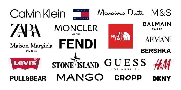 Logos of popular clothing brands. Fendi, Armani, Zara, Moncler. Editorial use only. Vinnitsa, Ukraine - February 20, 2024 vector