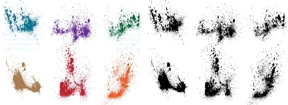 Set of abstract blood paint wheat, orange, red, black, green, purple color splatter brush stroke vector