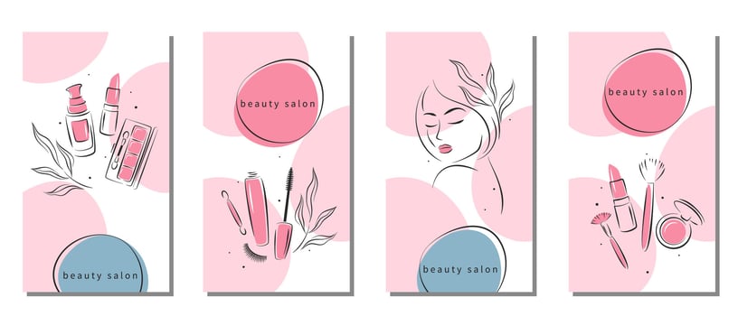 Set of design for Beauty salon. Makeup tools, cosmetic brushes, lipstick, blush, eyelash extension, brows, female portrait. Vector illustration