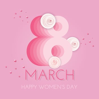 8 march, international womens day greeting card, vector illustration. Big number eight with roses on pink background