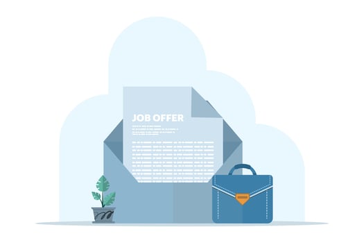 Concept job offer document in big blue envelope. email letter with briefcase. Hiring new staff. Job invitation letter after interview. Recruitment, employment contract, agreement. flat vector. vector
