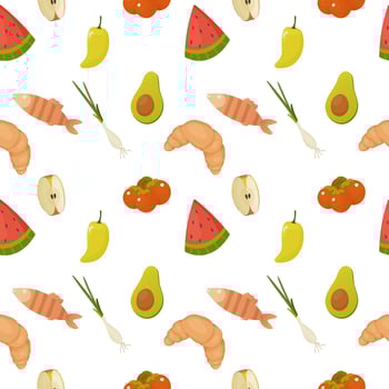 Seamless pattern, different products, food. fish, pepper, tomato, watermelon, croissant, vector. For wrapping paper, fabric, background vector