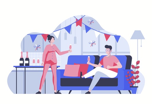 Home party concept with cartoon people in flat design for web. Woman and man celebrating holiday, drinks champagne in decorated room. Vector illustration for social media banner, marketing material.