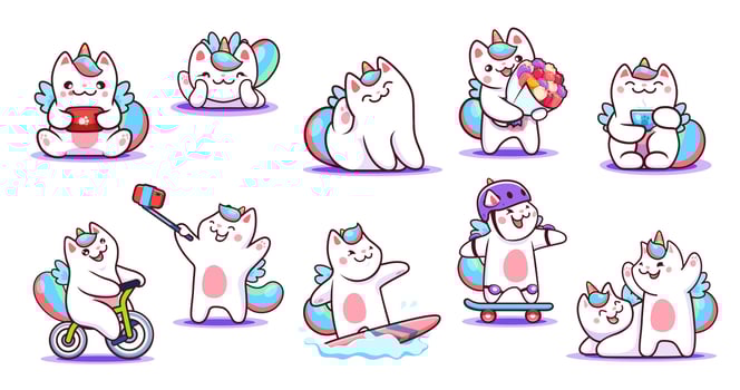 Cartoon kawaii caticorn cat, kitten pet characters vector