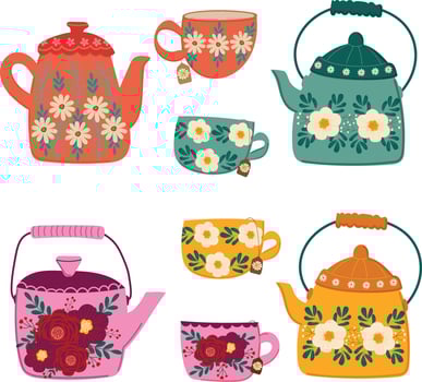 set of vintage flowers teapot and cup hand drawn element vector for decorate invitation greeting birthday party celebration wedding card poster banner textile wallpaper paper wrap background