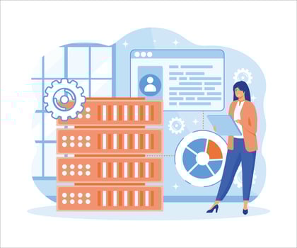 Big data tools concept. Woman standing near server rack analyzing big data tools. flat vector modern illustration