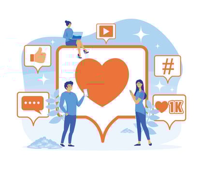 Social media marketing concept. People who use social media and digital online, like marketing posts on social media.flat vector modern illustration
