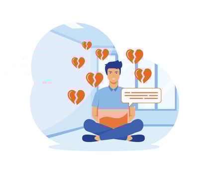 Online dating and chatting. Aggressive man sits cross-legged with a cell phone with broken hearts.  flat vector modern illustration