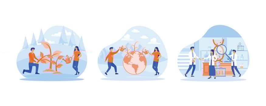 Bio technology. World Environment Day. Biology and chemistry experiments using gene technology in laboratory. Set flat vector modern illustration