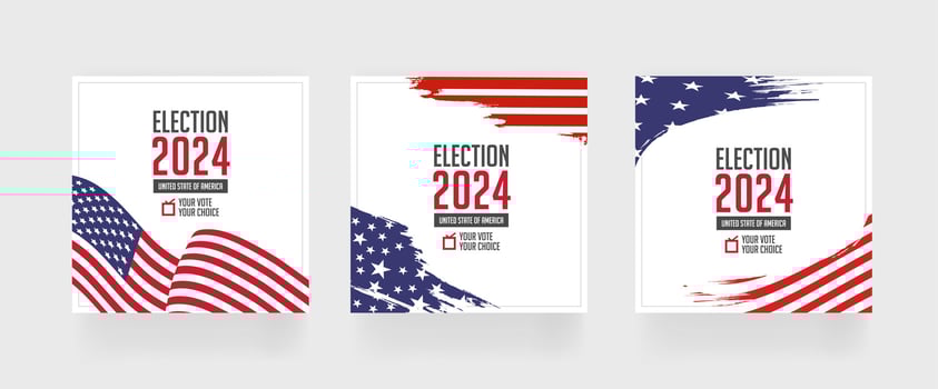 Election 2024 square post template, set of social media post for presidential vote 2024 of United States, eps vector illustration.