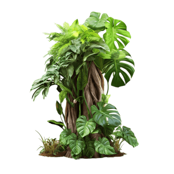 AI generated Tree trunk with jungle plant leaves png