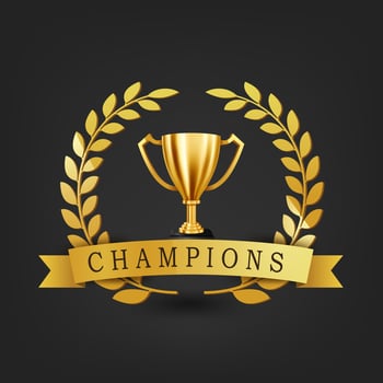 Realistic Golden Trophy with Gold Laurel Wreath and Champions Text on Gold Ribbon, Vector Illustration