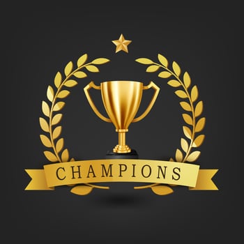 Realistic Golden Trophy with Gold Laurel Wreath and Champions Text on Gold Ribbon, Vector Illustration