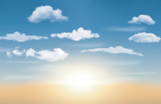 Realistic Sunrise with Blue Sky and Clouds, Vector Illustration