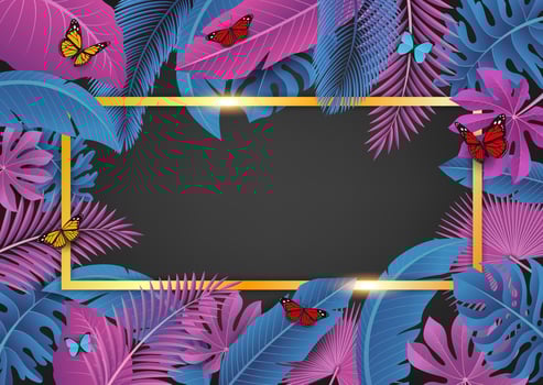 Golden Rectangle with Text Space Surrounded By Blue and Pink Tropical Leaves. Suitable For Nature Concept, Vacation, and Summer Holiday, Vector Illustration