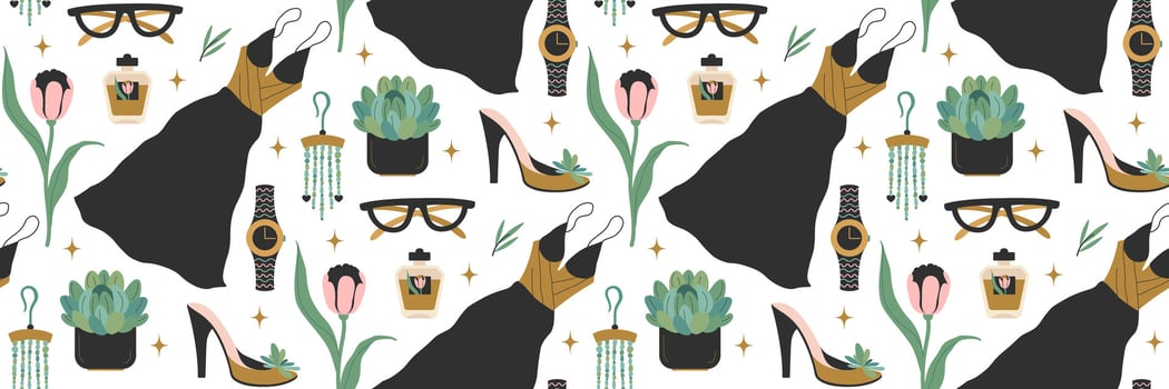 Fashion seamless pattern with black dress and womens accessories. Hand drawn Beauty and spring flowers. Perfumes, dress, glasses, shoes. Vector illustration for backgrounds and packaging, shops, brand