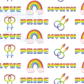 LGBT vector seamless pattern with a doodle pride elements. Gay Pride month banner background. Rainbow spectrum flag rainbows. LGBT rights concept. Modern parades poster, invitation card design.