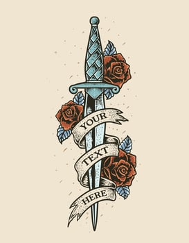 Isolated knife with rose flower, Romantic flesh art festival poster. Rock and Roll music related sign. Vector illustration