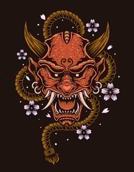 Illustration vector hannya mask, Japanese demon oni mask with ropes and sakura flower