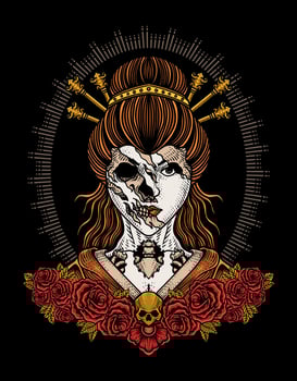 Illustration vector geisha skull  with rose flowers, Tattoo design, vector illustration