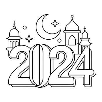 Ramadan 2024 art Continuous line art drawing vector