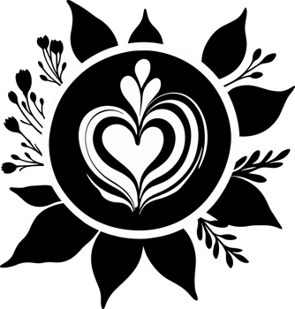 AI generated Top view of heart latte art coffee cup decorated with flowers in black and white, isolated illustration on transparent background png, design element for food, drink and coffee shop png