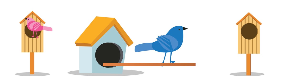 cartoon collection of cute wooden bird houses, decorated with door holes for birds to stop in, spring elements for design vector