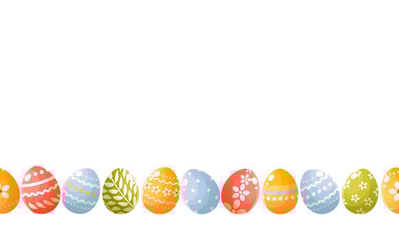 Seamless horizontal border of Easter colorful eggs with cute patterns. Happy easter. Easter banner, card, poster.Design element. Vector illustration on a white background.