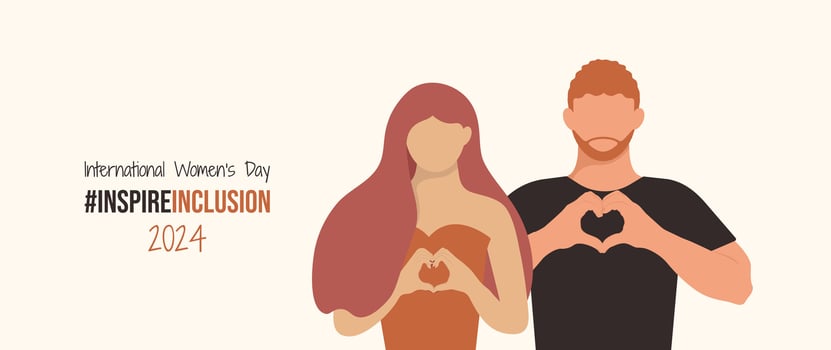 Man support Woman and fold hands with heart for Inspire Inclusion International Women's Day 2024 banner. IWD background Boyfriend friend husband brother together and Woman Strike InspireInclusion pose vector