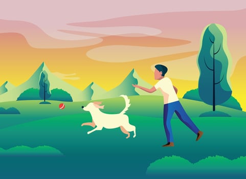 dog and boy playing in garden vector