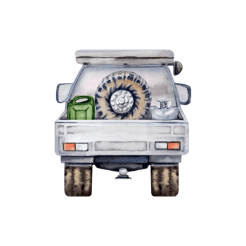 Off road car rear view with spare tyre, car wheel, fuel can, gas bottle element. For tourism, travel, camping, transport designs, prints, fliers. Watercolor illustration on transparent background png