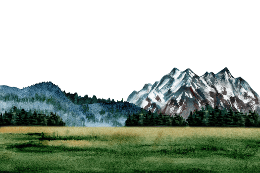 Mountain, forest, green grass nature landscape card design. Clip art composition for camping, tourism, travel, holiday prints. Copy space for text. Watercolor illustration on transparent background png