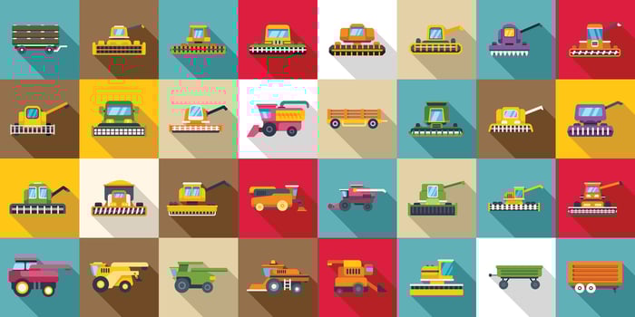Combine harvester icons set flat vector. Farm agriculture vector