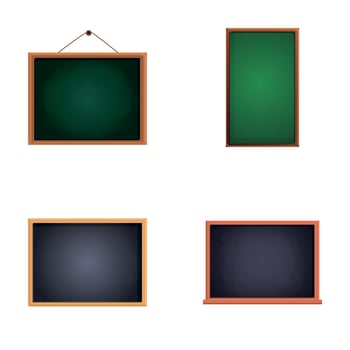 Chalkboard icons set cartoon vector. Black and green blackboard in wooden frame vector