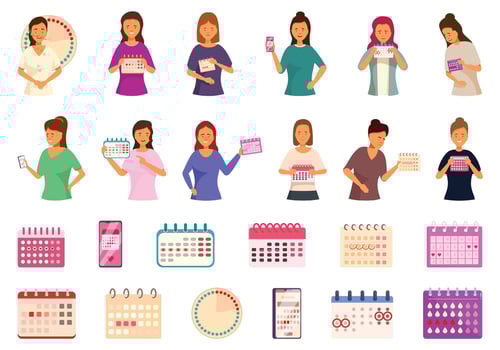 Menstrual calendar icons set cartoon vector. Female cycle suffering vector