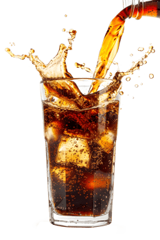 AI generated Cola splash in glass with ice cubes png