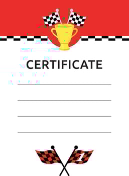 Victory or graduation certificate template for sports car or kart racer. Winner's golden cup, checkered flags, finish line. Vector illustration