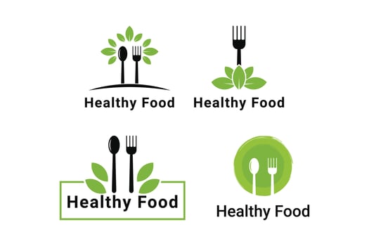 Healthy food logo design concept with spoon and fork with leaf green set collection vector