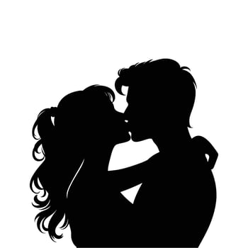 A silhouette vector of a kissing couple on a white background.